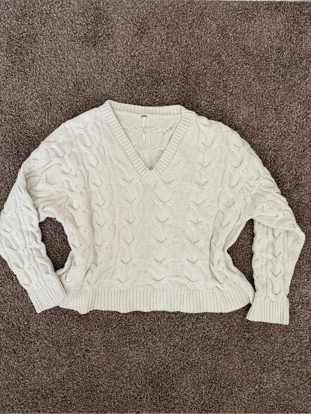 Free People Cream Cable V-Neck Sweater